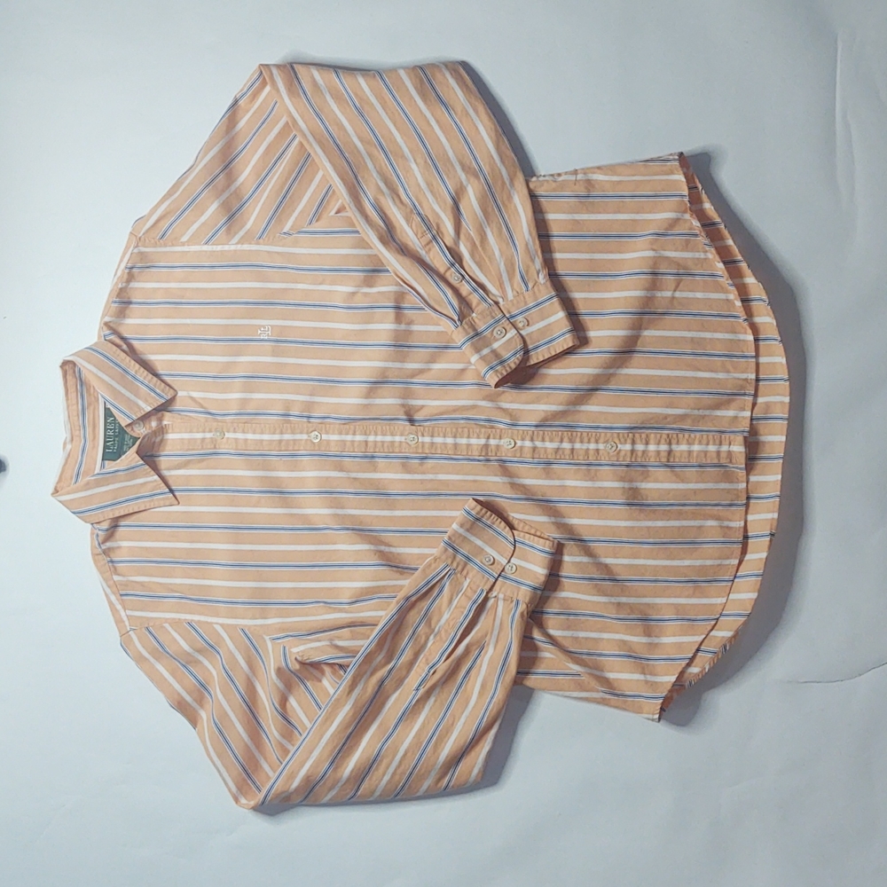 Polo Ralph Lauren Mens mediumClassic Oxford Shirt Peach Blue Striped Button Down